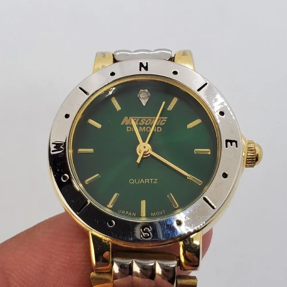 Nelsonic Diamond Women's Watch 25MM Green Dial Two Tone‎ Bands 7.5